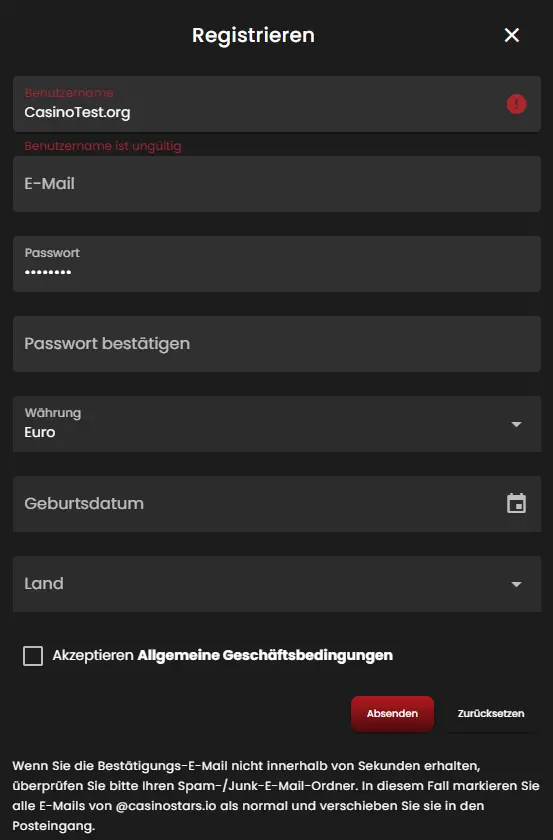 CasinoStars Registrierung Screenshot