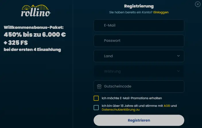 Rollino Casino Registrierung Screenshot