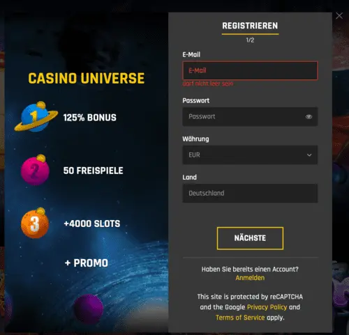 Anmeldefenster 1 im Casino Universe